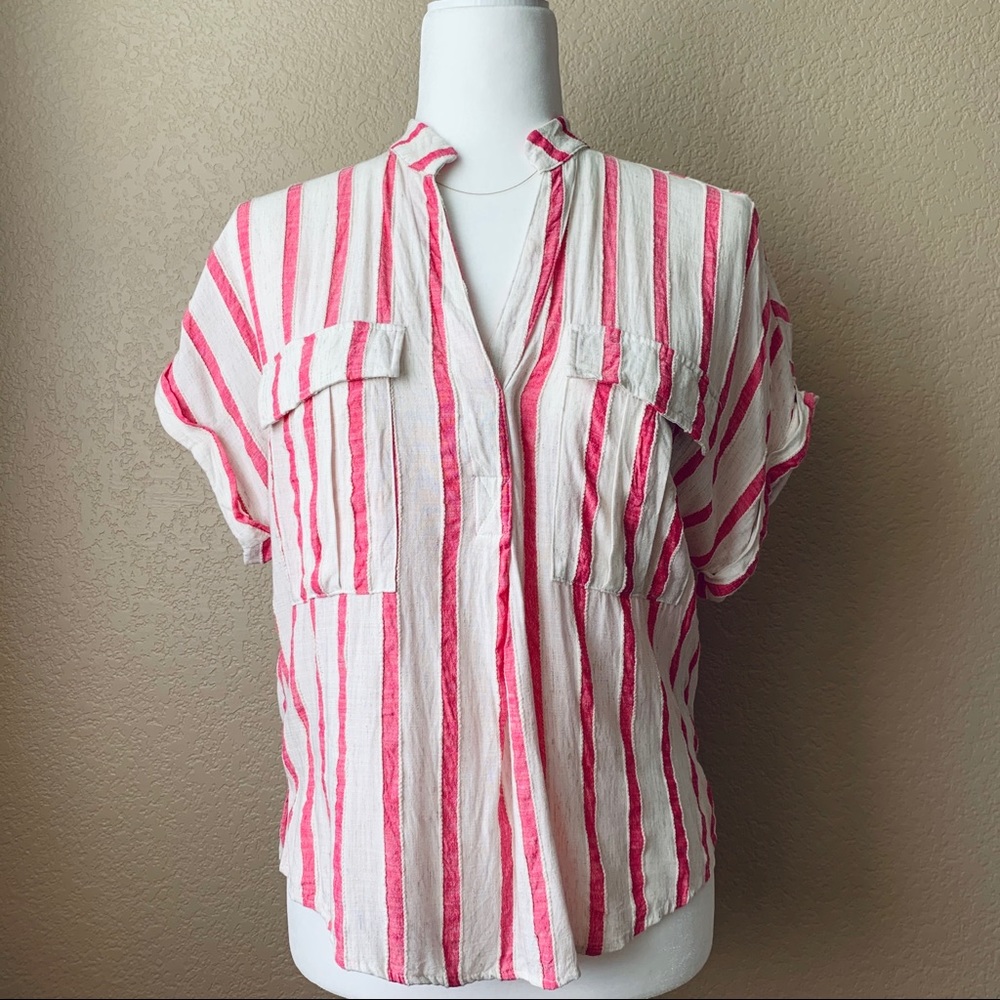 Anthropologie Maeve Pink and Cream Linen Blouse